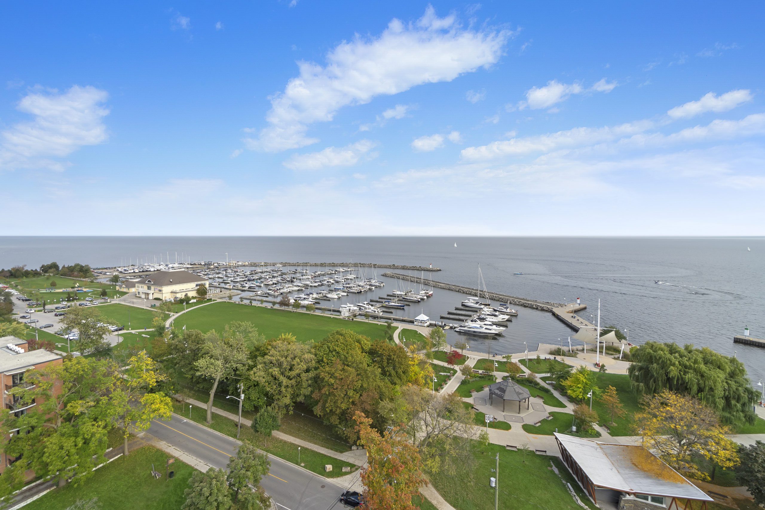 Aerial view of Bronte Harbour Park and Lake Ontario
