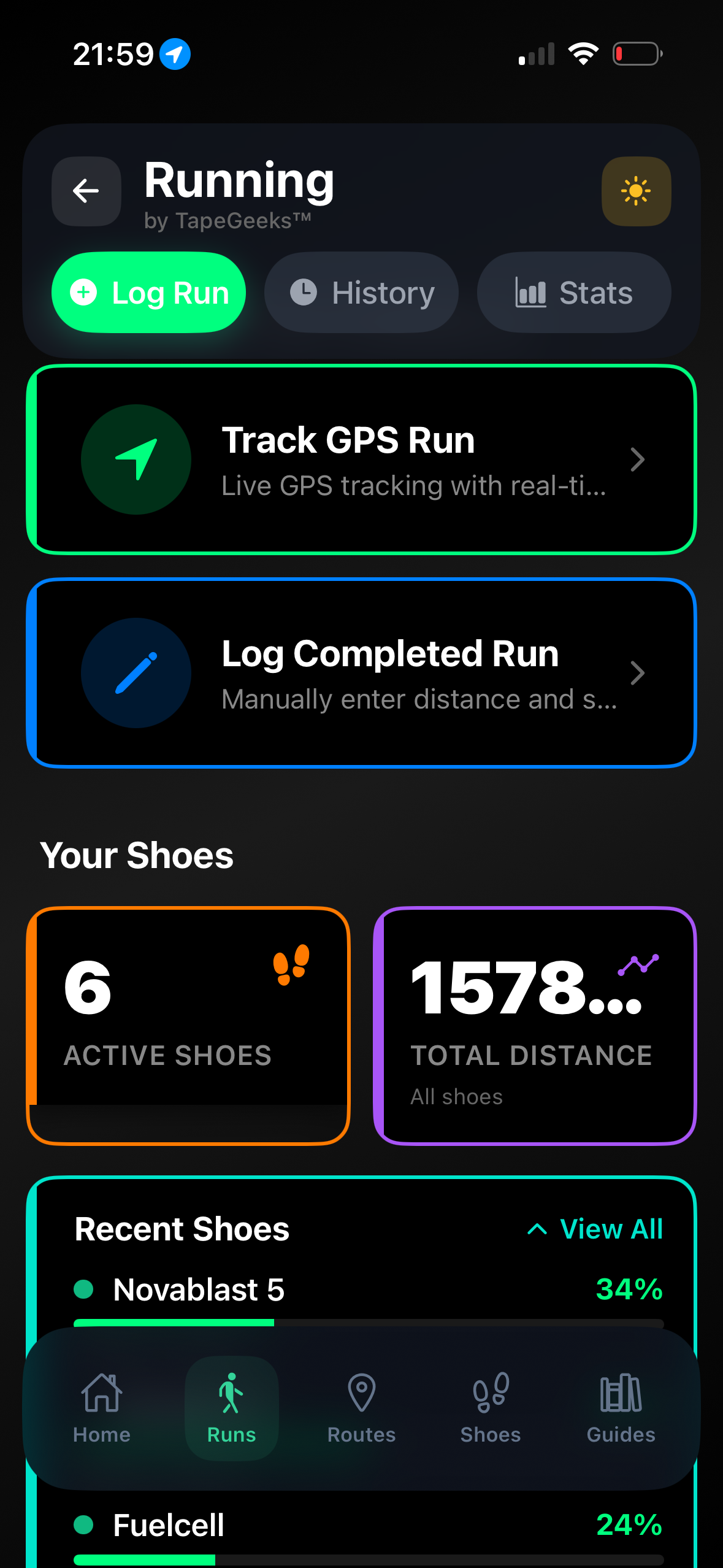 RunMate Pro GPS tracking screen with Track and Log options