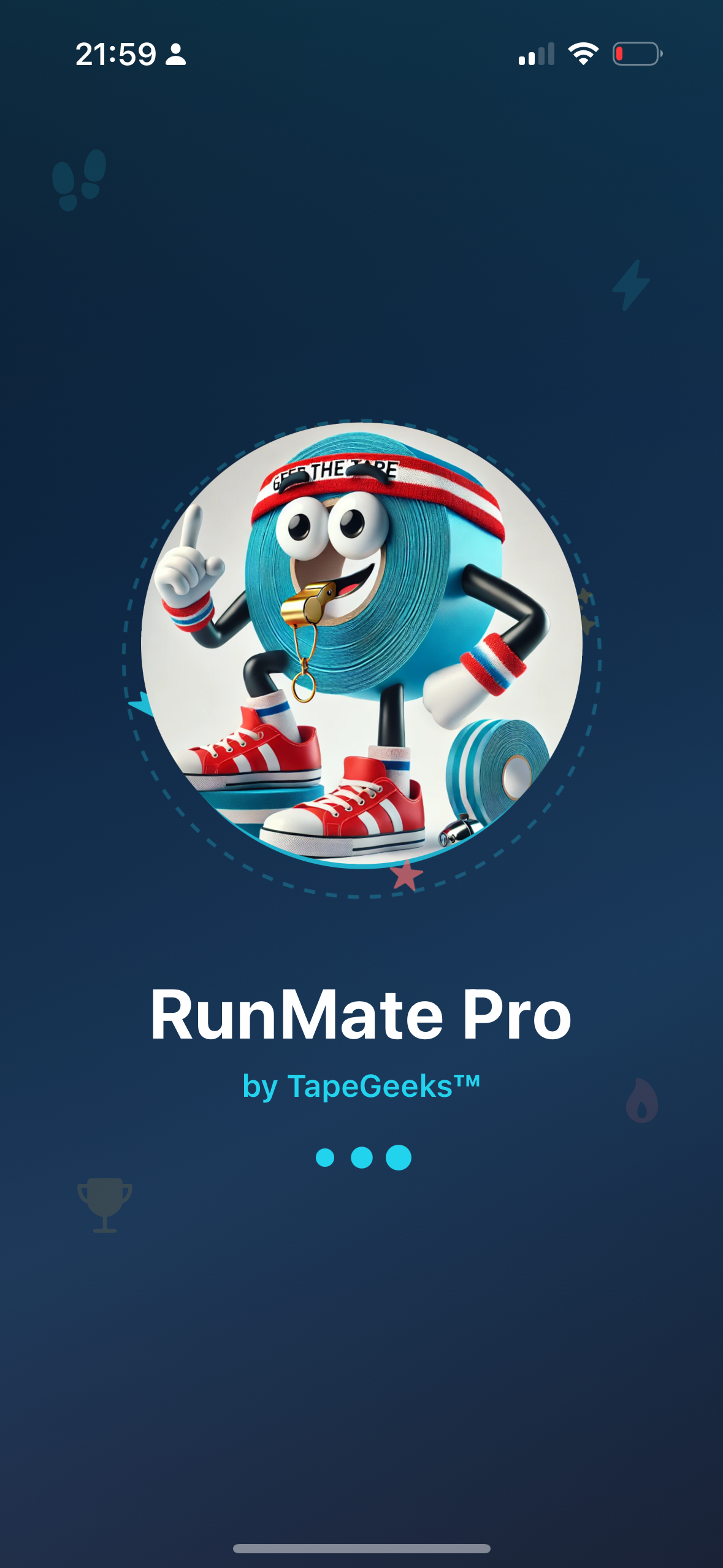 RunMate Pro welcome screen with Geek the Tape mascot