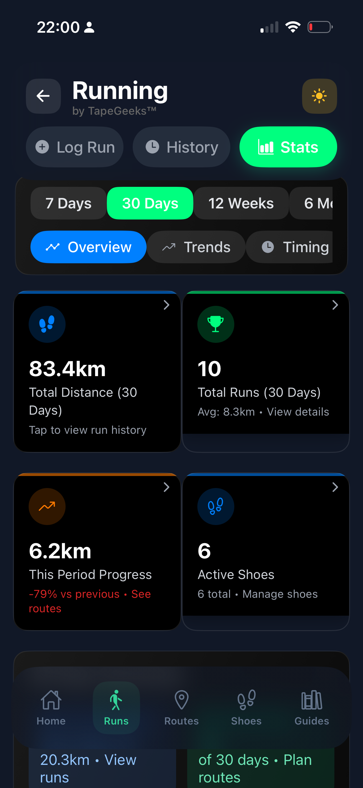 RunMate Pro 30-day statistics view with distance trends